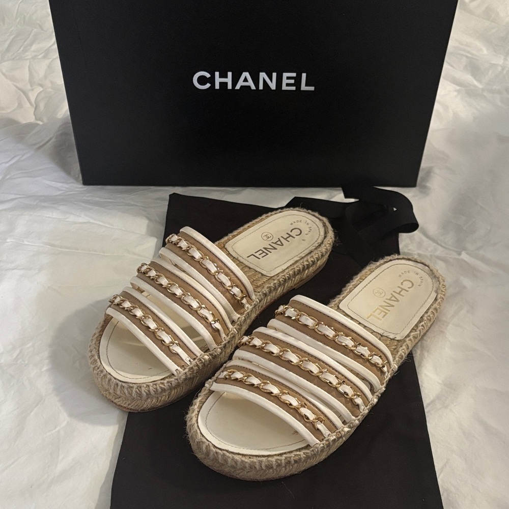 CHANEL Women's White and Gold Espadrilles